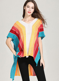 Fashion Rainbow Striped Short Sleeve Irregular Sweater