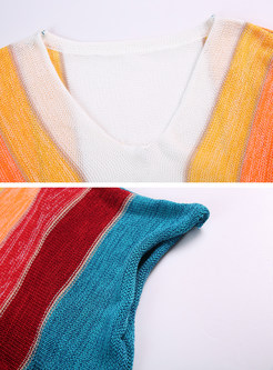 Fashion Rainbow Striped Short Sleeve Irregular Sweater