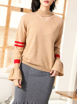 Color-blocked High Neck Hollow Out Flare Sleeve Sweater