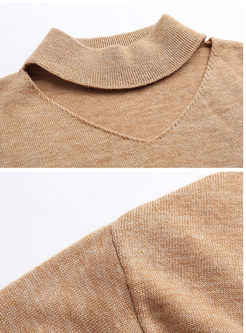 Color-blocked High Neck Hollow Out Flare Sleeve Sweater