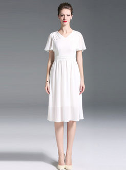 Brief White V-neck Gathered Waist A Line Dress