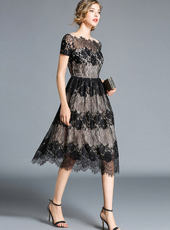 Sexy Mesh O-neck Splicing Lace Shors Sleeve Dress
