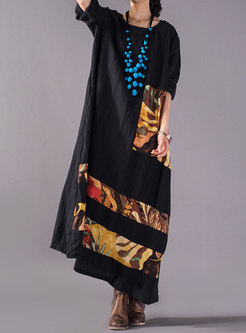Fashion Crew-neck Print Loose Maxi Dress With Big Hem 