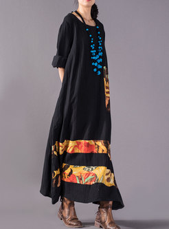 Fashion Crew-neck Print Loose Maxi Dress With Big Hem 
