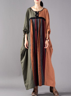 Dolman-Sleeve Color-blocked Plus Size Straight Maxi Dress