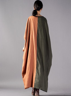 Dolman-Sleeve Color-blocked Plus Size Straight Maxi Dress