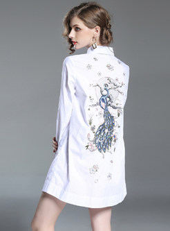 Fashion Embroidered Lapel Zip-up Irregular Shirt Dress