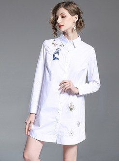 Fashion Embroidered Lapel Zip-up Irregular Shirt Dress
