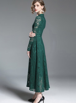 Green V-neck Long Sleeve Lace Big Hem Maxi Dress