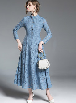 Solid Color Long Sleeve Hollow Out Lace Maxi Dress