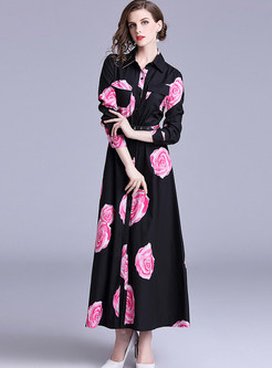 Lapel Long Sleeve Single-breasted Print Maxi Dress