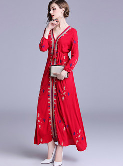 Ethnic V-neck Embroidered Chiffon Maxi Dress