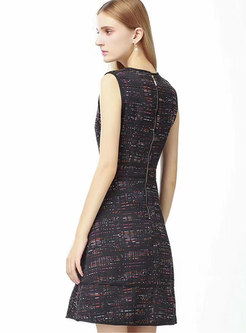 Brief Grid O-neck Sleeveless A Line Mini Dress