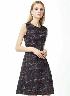 Brief Grid O-neck Sleeveless A Line Mini Dress