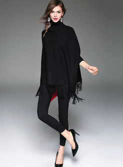 Stylish Black Tassel Hem Batwing Sleeve Sweater