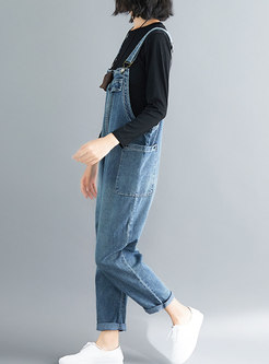 Casual Blue Distressed Denim Overalls With Big Pockets