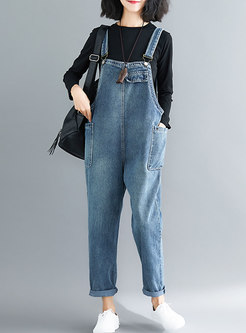 Casual Blue Distressed Denim Overalls With Big Pockets