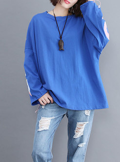 Brief Autumn Blue Crew-neck Print Plus Size T-Shirt 