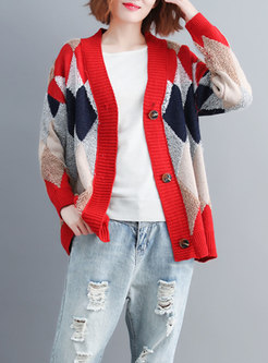 Brief Red Loose Knitted Sweater With Button-front 
