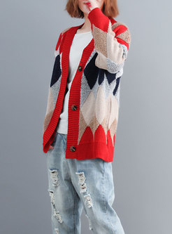 Brief Red Loose Knitted Sweater With Button-front 
