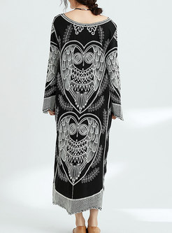Fashionable Plus Size Owl Embroidered Maxi Dress