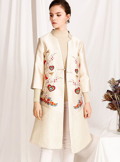Chic Splicing Embroidered Single-breasted Side-slit Coat