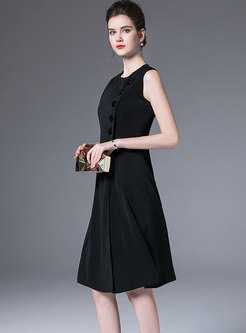 Elegant Black Single-breasted Sleeveless Skater Dress