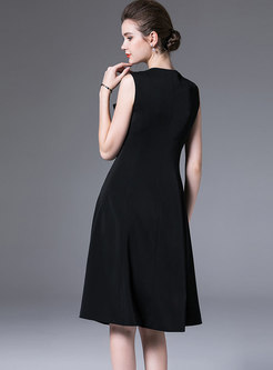 Elegant Black Single-breasted Sleeveless Skater Dress