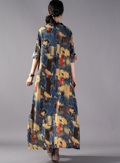 Vintage Elastic Waist Print Asymmetric Hem Maxi Dress 
