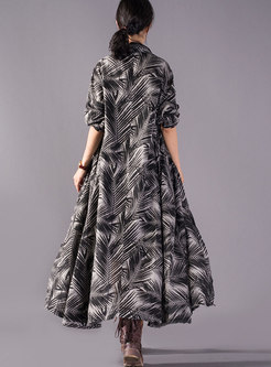 Trendy Black Linen Print Slim Long Coat With Single-breasted