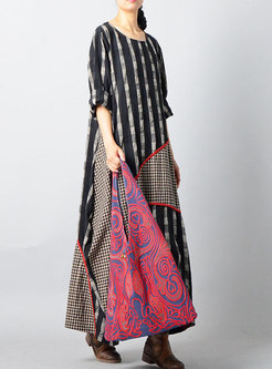 Fashion Retro Black Linen Shift Asymmetric Maxi Dress