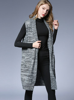 Grey Sleeveless Pocket Zip-up Knitted Vest