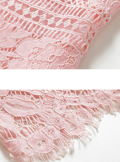 Pink V-neck Three Quarters Sleeve Sweet Lace Dress