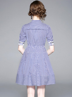 Standing Collar Single-breasted Striped Dress