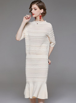 Solid Color Hollow Out Half Sleeve Knitted Top & Hollow Out Sheath Mermaid Skirt