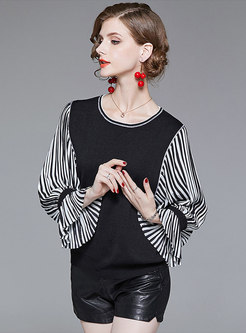 Chic Striped Splicing Bat Sleeve Knitted Sweater