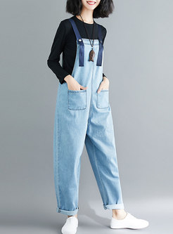 Stylish Blue Solid Denim All-match Overalls With Pockets