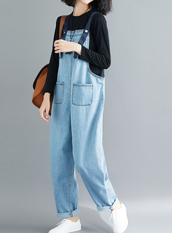 Stylish Blue Solid Denim All-match Overalls With Pockets