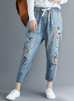 Autumn Trendy Denim Embroidered Plus Size Harem Pants