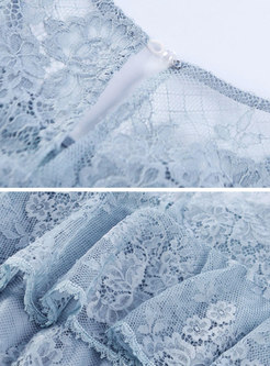 Stylish Light Blue Lace-paneled See-through Look Midi Dress