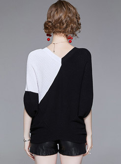 Trendy Color-blocked V-neck Bat Sleeve Loose Sweater