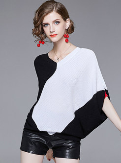 Trendy Color-blocked V-neck Bat Sleeve Loose Sweater