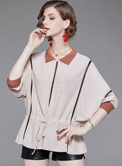 Color-blocked Lapel Bat Sleeve Gathered Waist Knitted Sweater