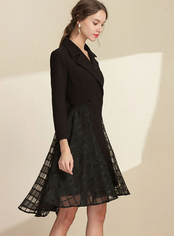 OL Notched Lapel Slim Lace Splicing Dress With Double-breasted