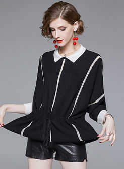 Color-blocked Lapel Bat Sleeve Tied Waist Knitted Sweater