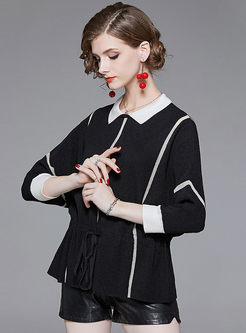 Color-blocked Lapel Bat Sleeve Tied Waist Knitted Sweater