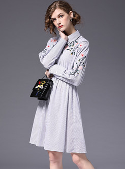 Turn Down Collar Cotton Embroidered Striped Dress