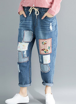 Trendy Blue Denim Embroidered Elastic Waist Pants
