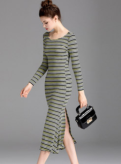 Stylish Striped Long Sleeve Sheath Knitted Maxi Dress