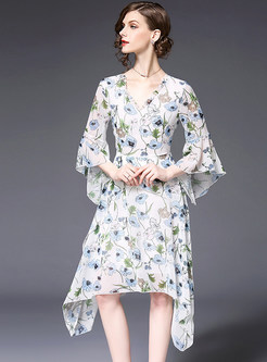 Fashion V-neck Chiffon High Waist Irregular Dress